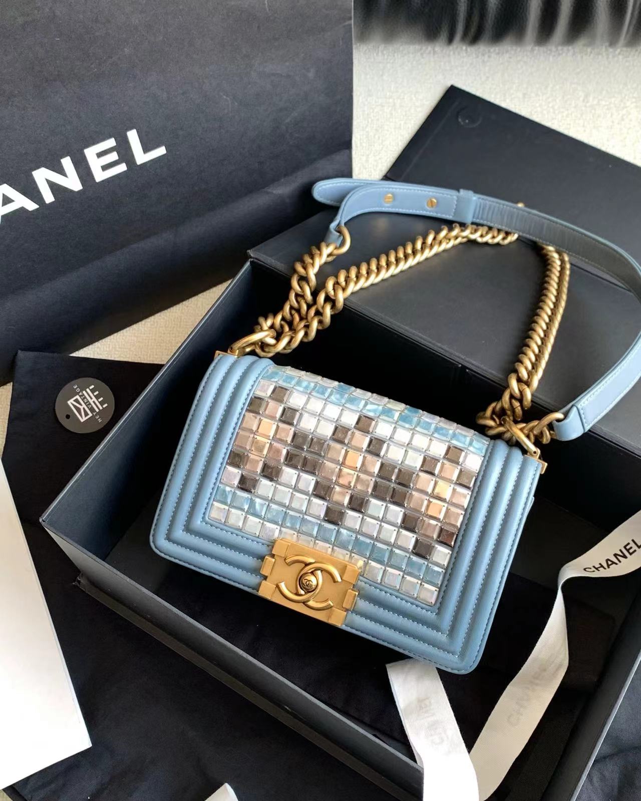 95新 Chanel/香奈儿 蓝色马赛克限定leboy小号 20cm 16056526