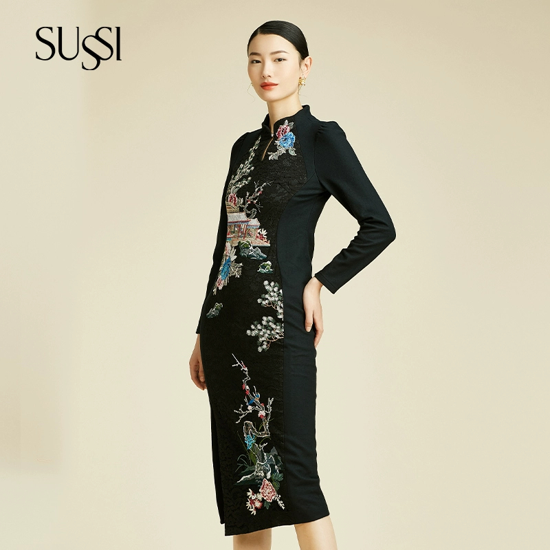 【窈窕淑女】SUSSI/古色黑色旗袍领新中式刺绣连衣裙旗袍