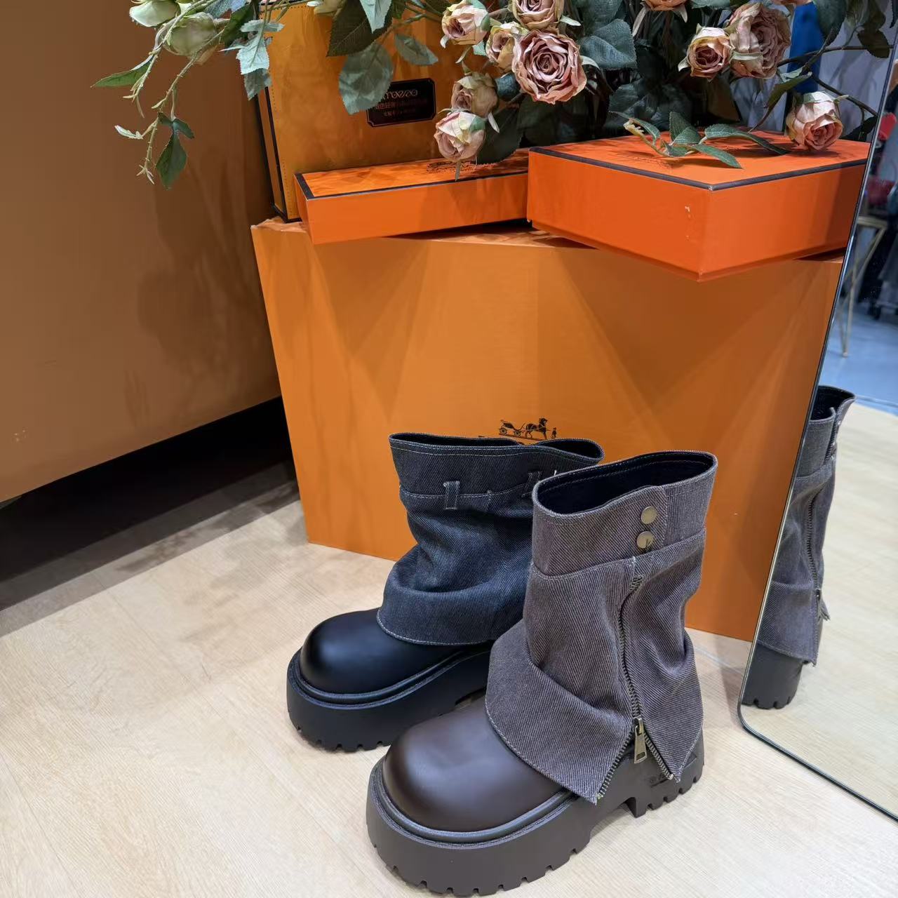 【优搭严选】弹力防水台复古港风轻职风高帮高跟马丁靴靴子鞋子