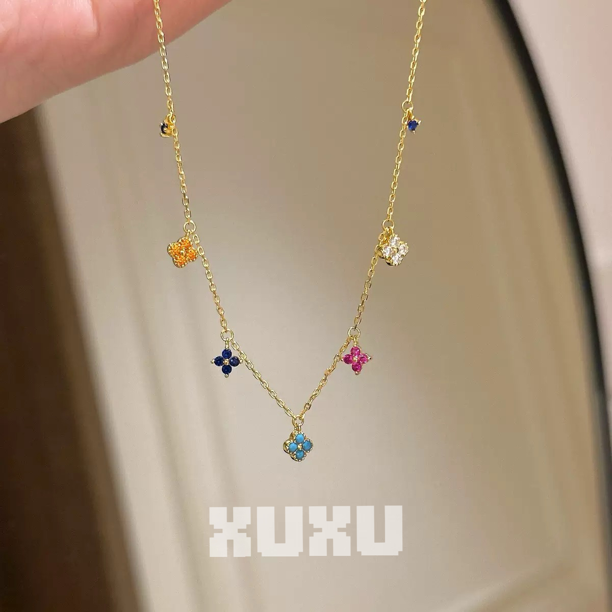 铜合金塑料戒指 XUXU/四叶花多巴胺彩色项链女气质叠戴锁骨链配饰