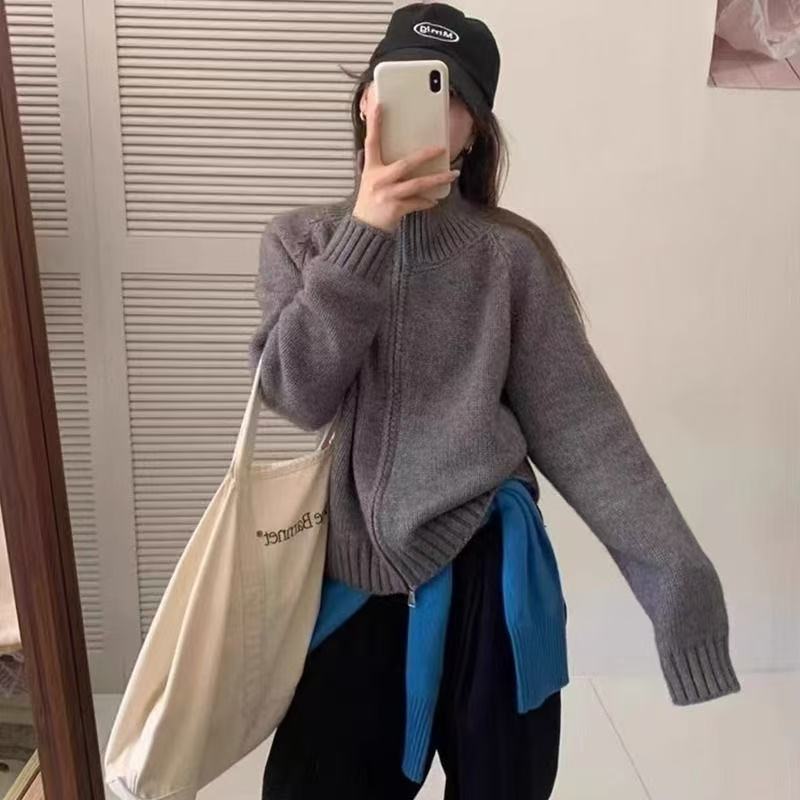 2025慵懒风毛衣外套女秋冬新款韩版简约宽松立领拉链针织开衫上衣