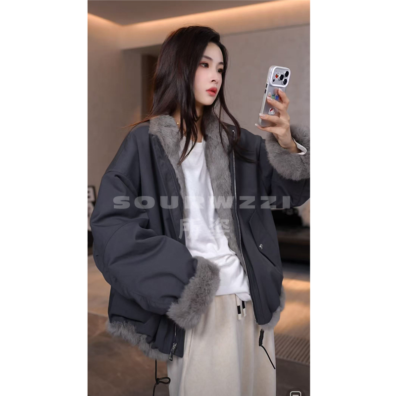 SOURWZZI/所姿新款双面穿兔毛百搭时尚休闲女士派克服SZ-25506