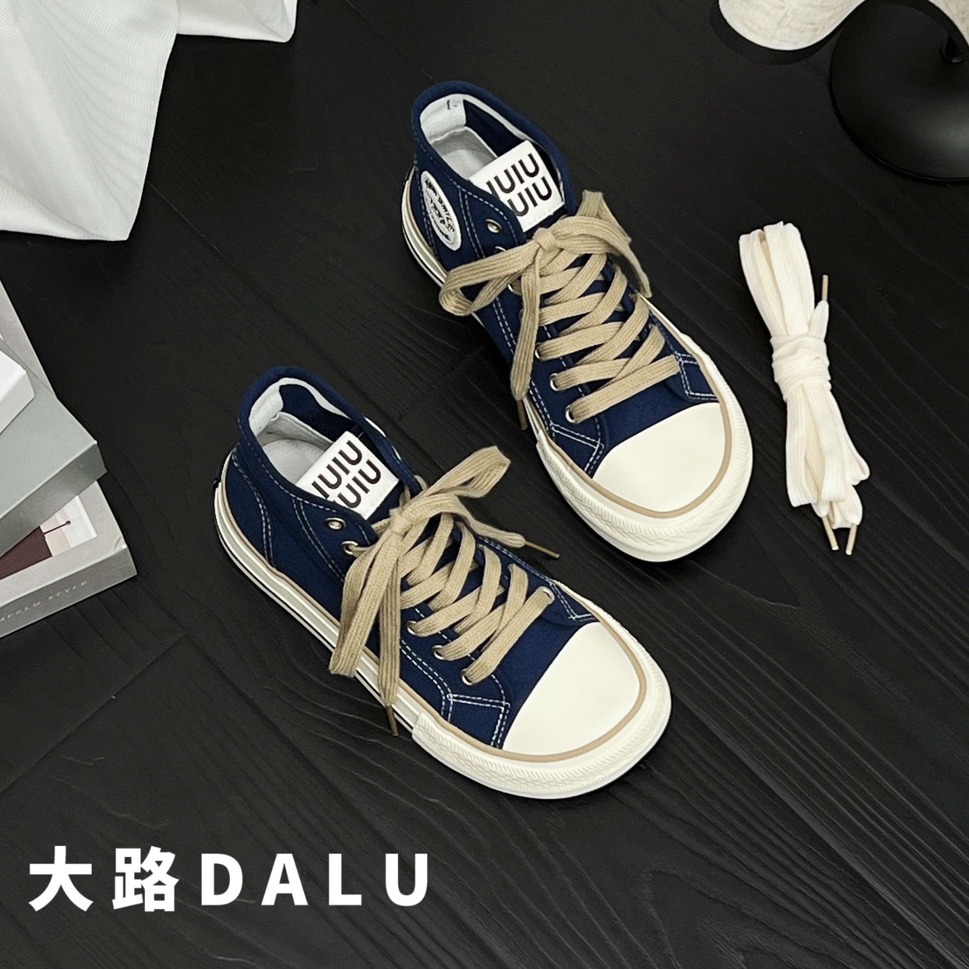 【DaLu】小众芒果头高帮透气帆布鞋女秋季新款系带休闲厚底板鞋女款