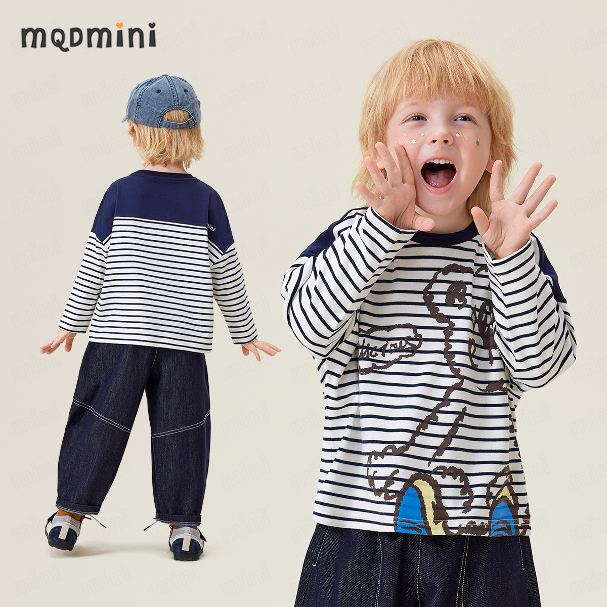 MQDMINI秋季长袖新款男童童装条纹T恤圆领透气印花保暖打底上衣