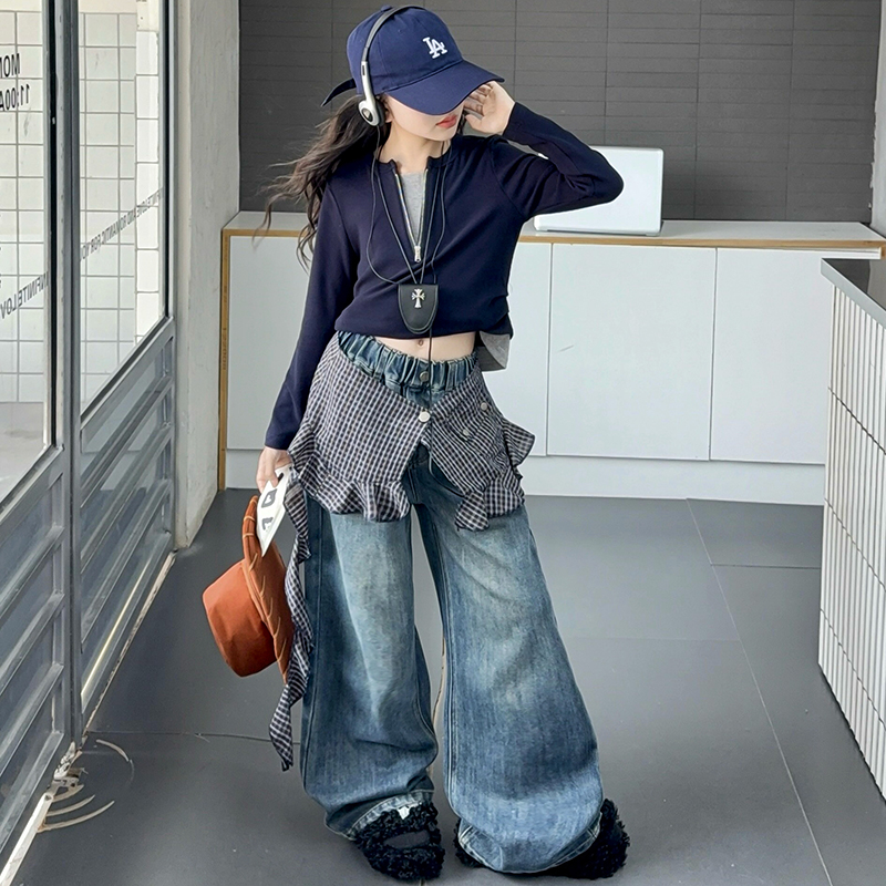【嘻嘻柚】女童2025秋季韩系假两件打底衫洋气格子屁帘牛仔裤两件套