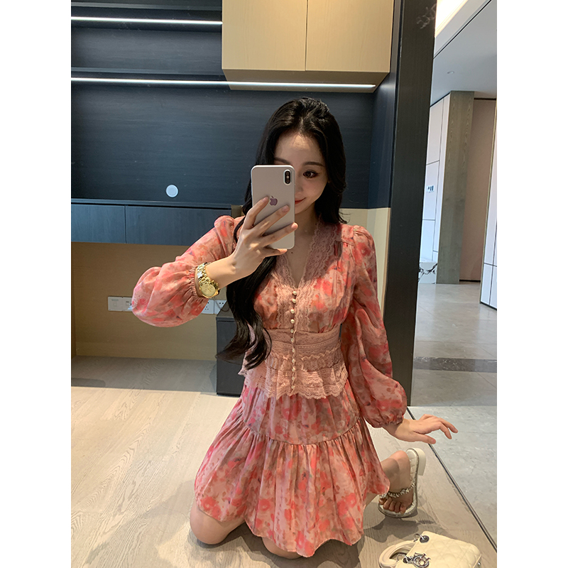 XINYI【花漾爱神】春夏暗纹印花上衣+短半裙显瘦两件套X625A03009