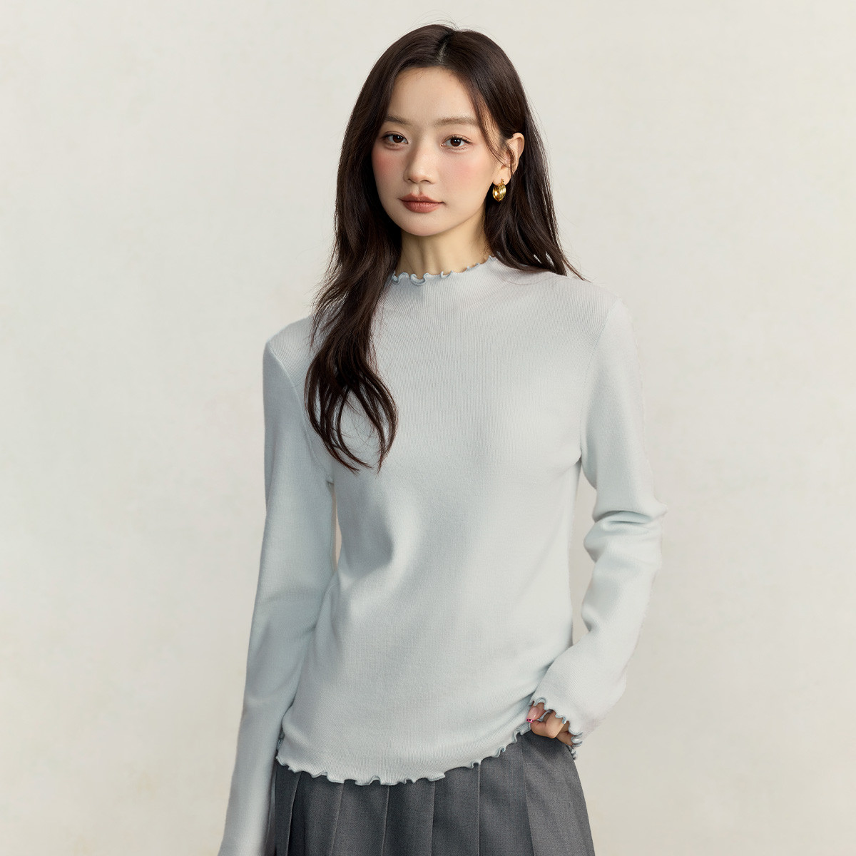 茵曼撞色木耳边打底针织衫女2025秋冬款百搭套头半高领毛衣