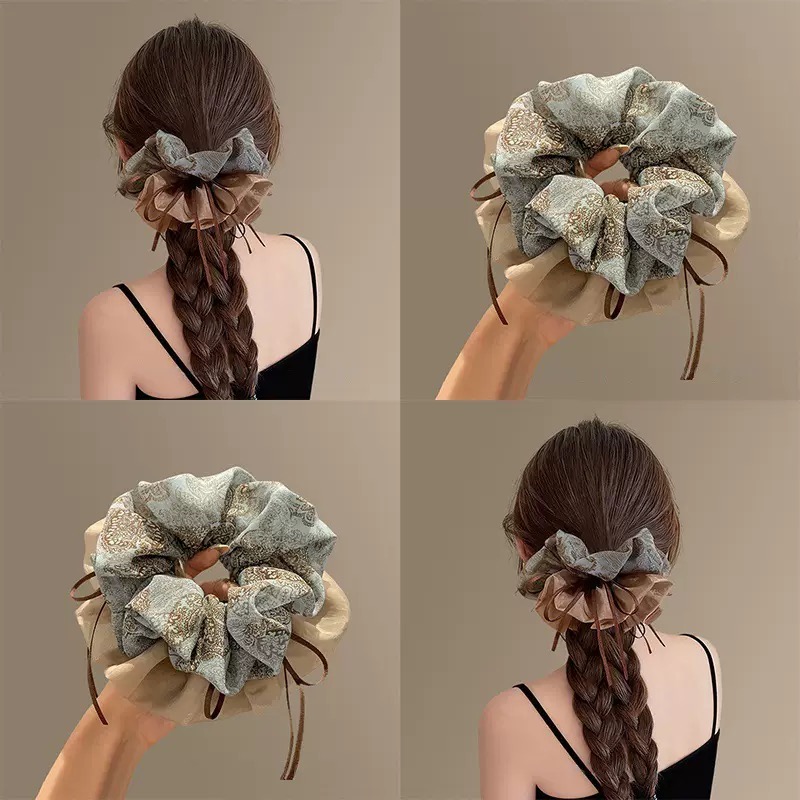 高级感碎花飘带大肠发圈女新款扎马尾丸子头发饰双层花朵