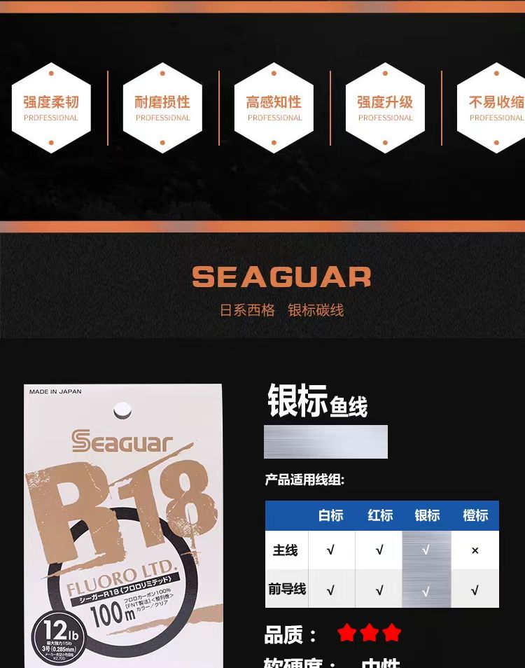 西格银标R18隐形耐磨氟碳材质路亚前导线适用于钓鱼活动