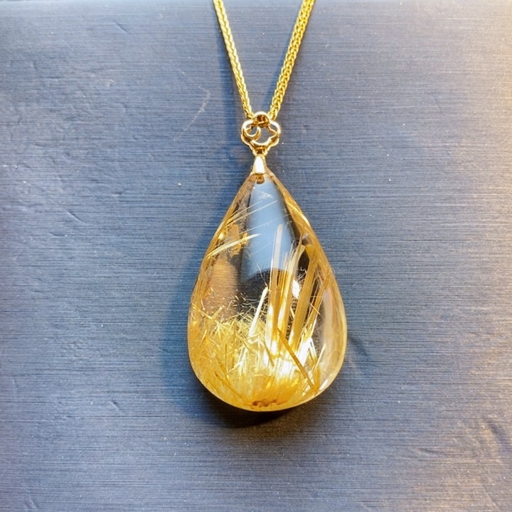 颈饰18K金镶嵌发晶天然钛晶水滴锁骨链女士吊坠