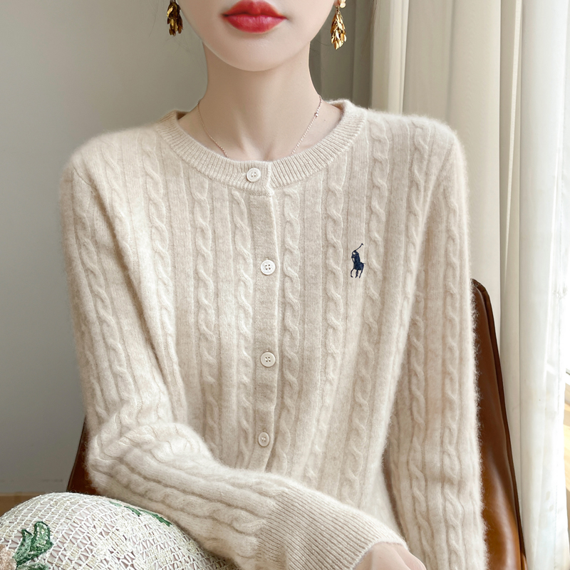 刺绣针织衫女开衫圆领羊毛衫麻花上衣2025秋冬宽松外套大码毛衣