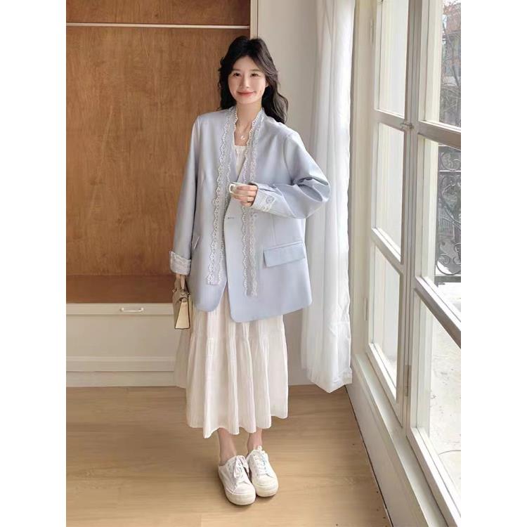 5217独特漂亮气质名媛高级感蕾丝拼接西装外套女春季新款休闲西服