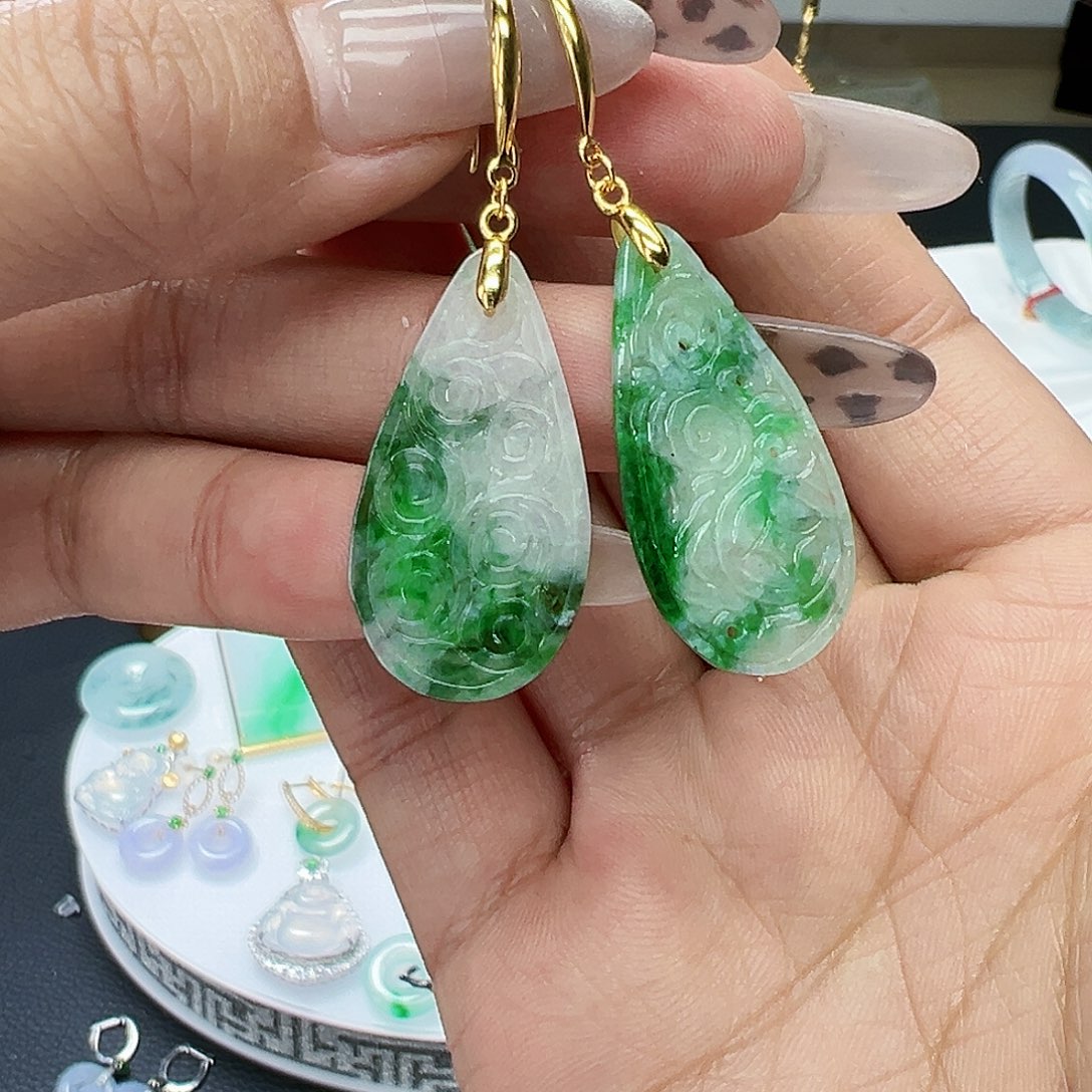 翡翠耳饰银S925镶嵌天然缅甸A货翡翠