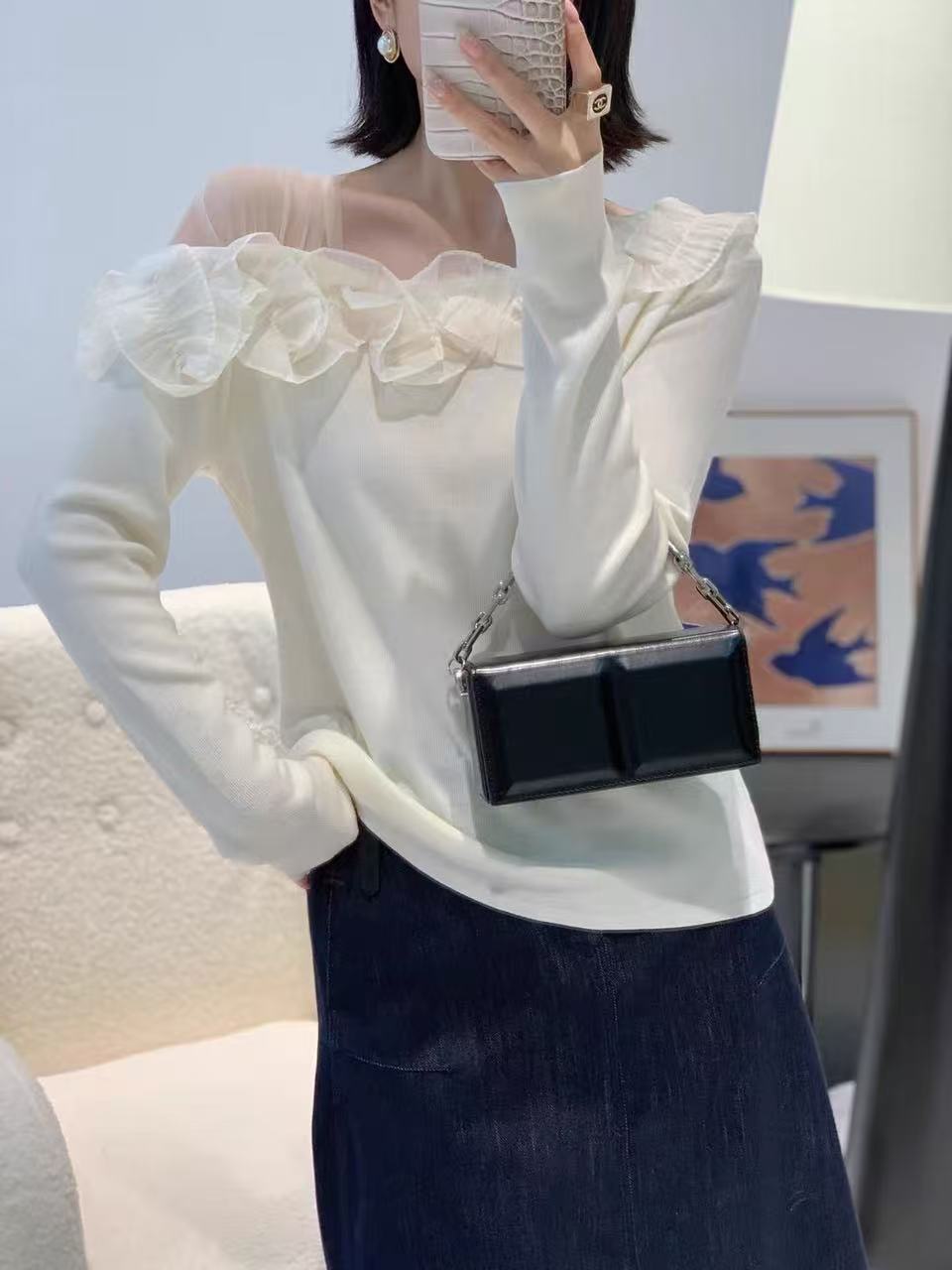 【晨浠定制】新款时尚木耳网纱针织上衣7385