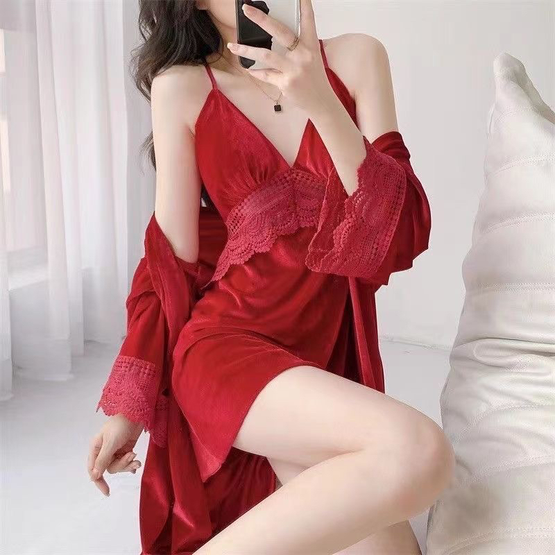 秋冬性感风睡衣女金丝绒带胸垫蕾丝美背吊带睡裙家居服838