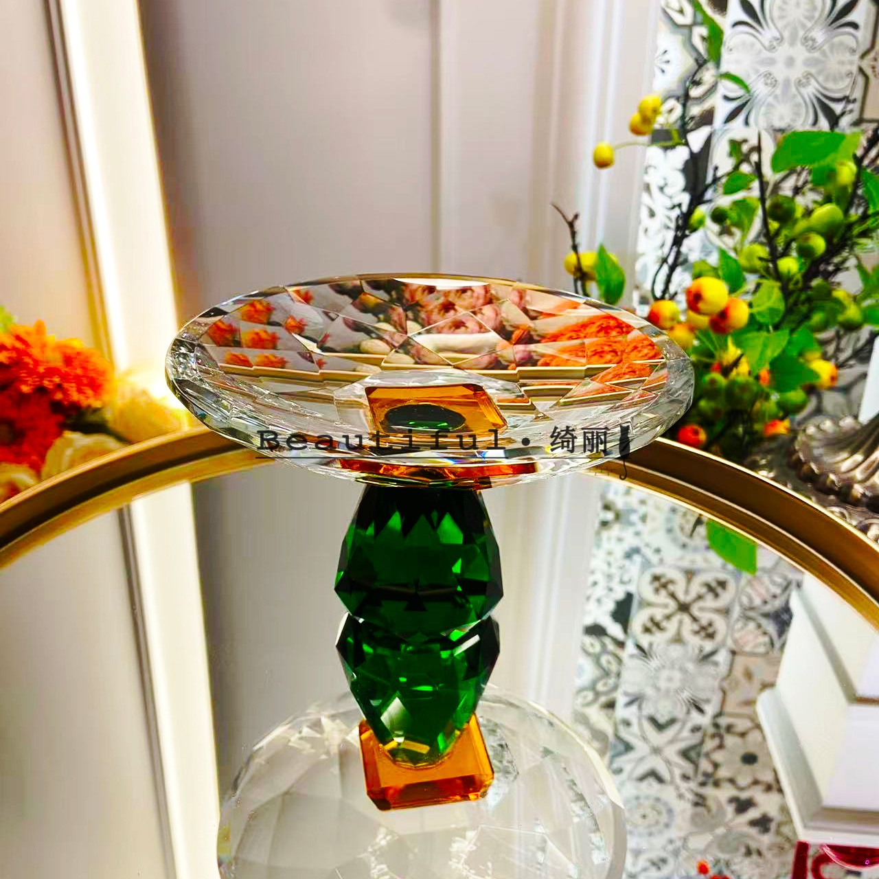 单只盒装-轻奢K9水晶黄撞绿色果斗家用下午茶甜点零食果盘