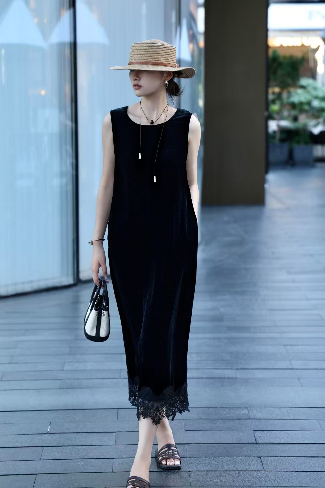 休闲连衣裙套头款收腰宽松U型领百搭夏季拼接无袖