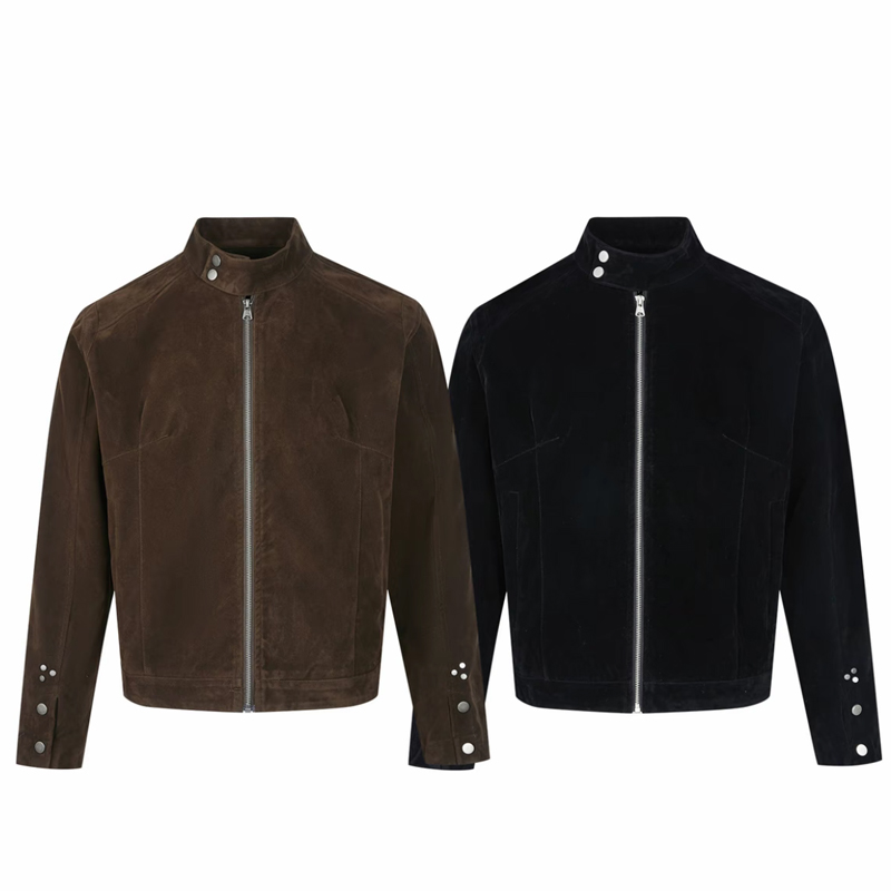 秋季新款”摩登年代“复古反绒工艺棕色立领哈灵顿夹克短款外套潮牌