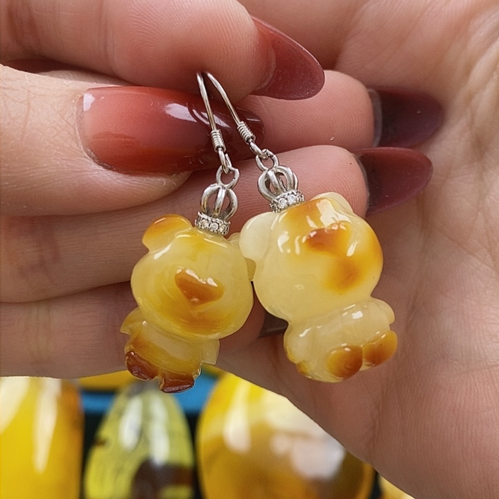 琥珀耳饰银S925镶嵌耳环