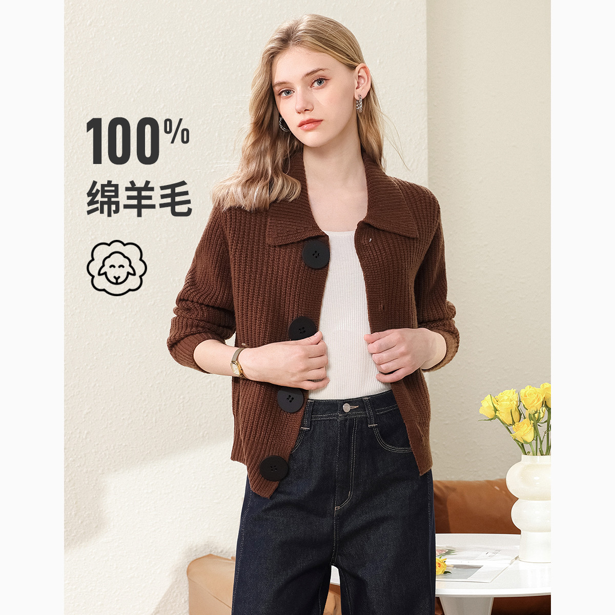 纯羊毛复古文艺纽扣设计坑条提花外套羊毛针织开衫女202253027