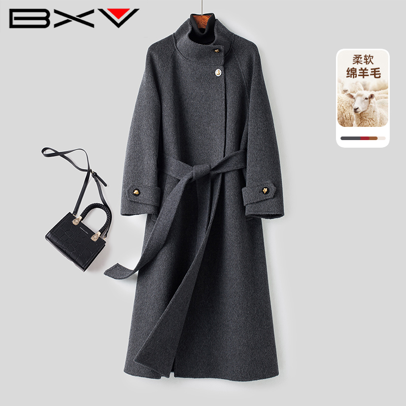 BXV立领双面羊毛大衣女2025秋冬新款中长款直筒英伦风羊毛呢外套