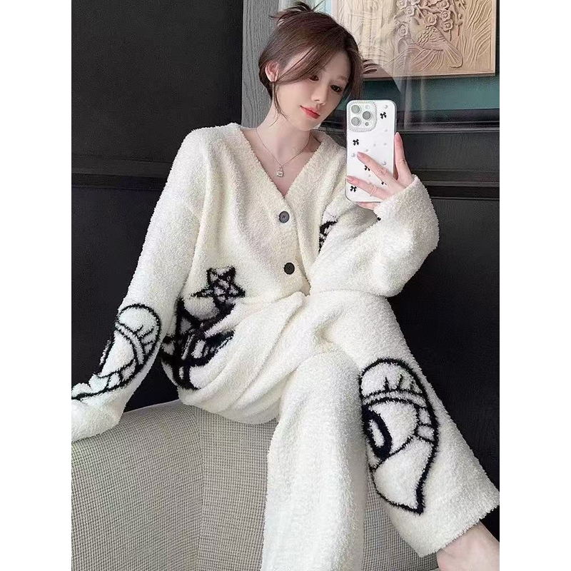 半边绒睡衣女冬季加厚加绒软绵绵V领开衫家居服套装可外穿睡衣