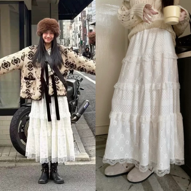 【冬日文艺】HD韩风蕾丝加绒拼接白色蛋糕裙百搭显瘦松紧腰半身裙