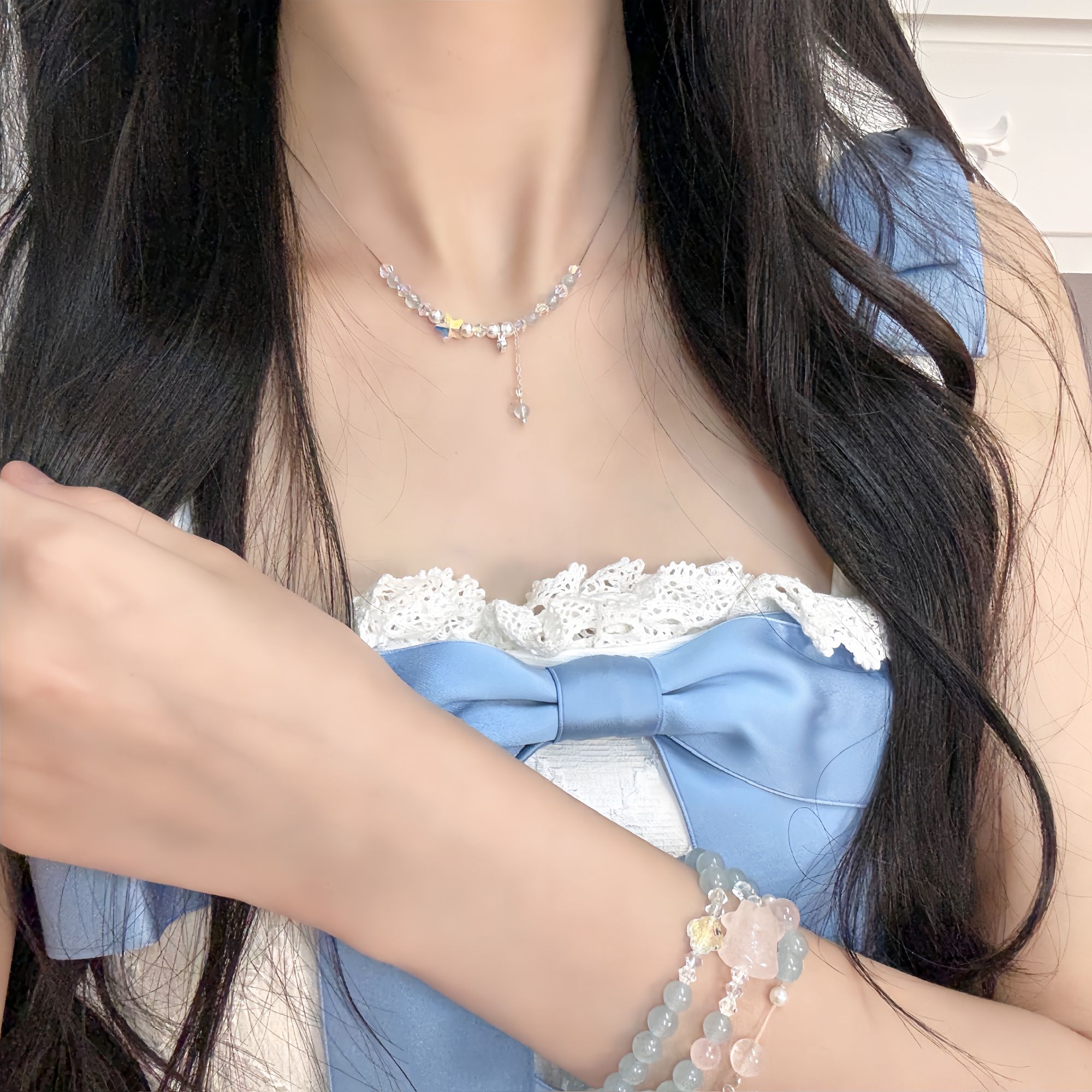 tx1190-[星星泪滴]海蓝宝s925银施家珠项链