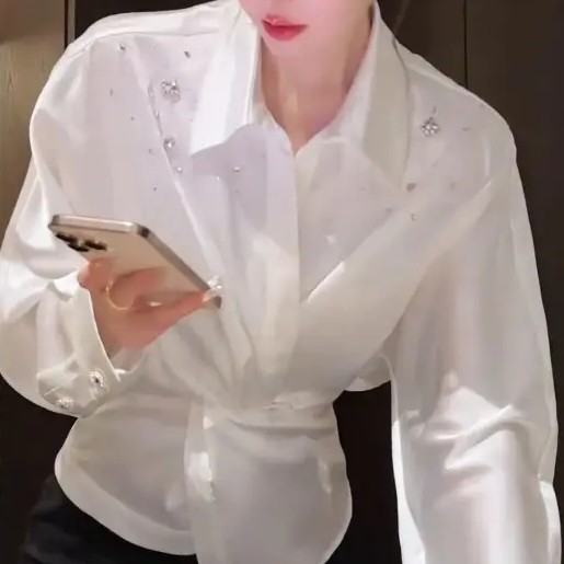 秋季抗皱丝滑白色小众压褶POLO领轻职风女衬衫