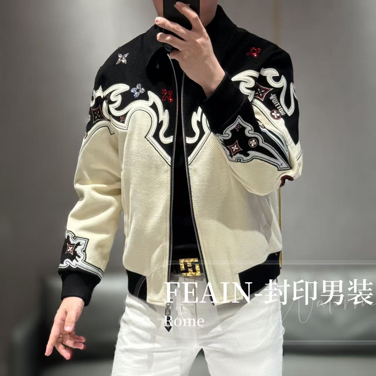 高端定制立体激光雕花拼接工艺灯芯条薄棉夹克8062