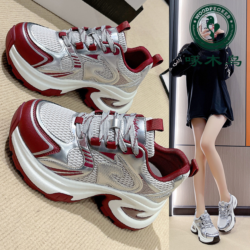 啄木鸟老爹鞋女2025春夏季新款网面透气网红时尚百搭厚底运动鞋女