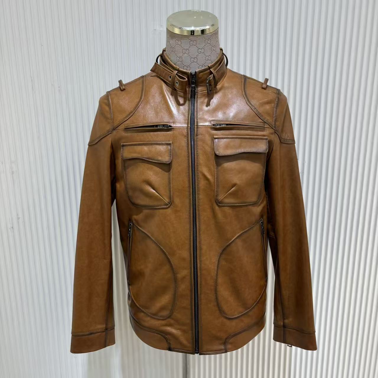 春秋季男士双色机车服进口头层绵羊皮真皮外套DW88001