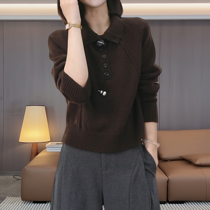 老钱风氛围感领口纽扣半高领套头针织衫秋冬宽松显瘦百搭打底毛衣