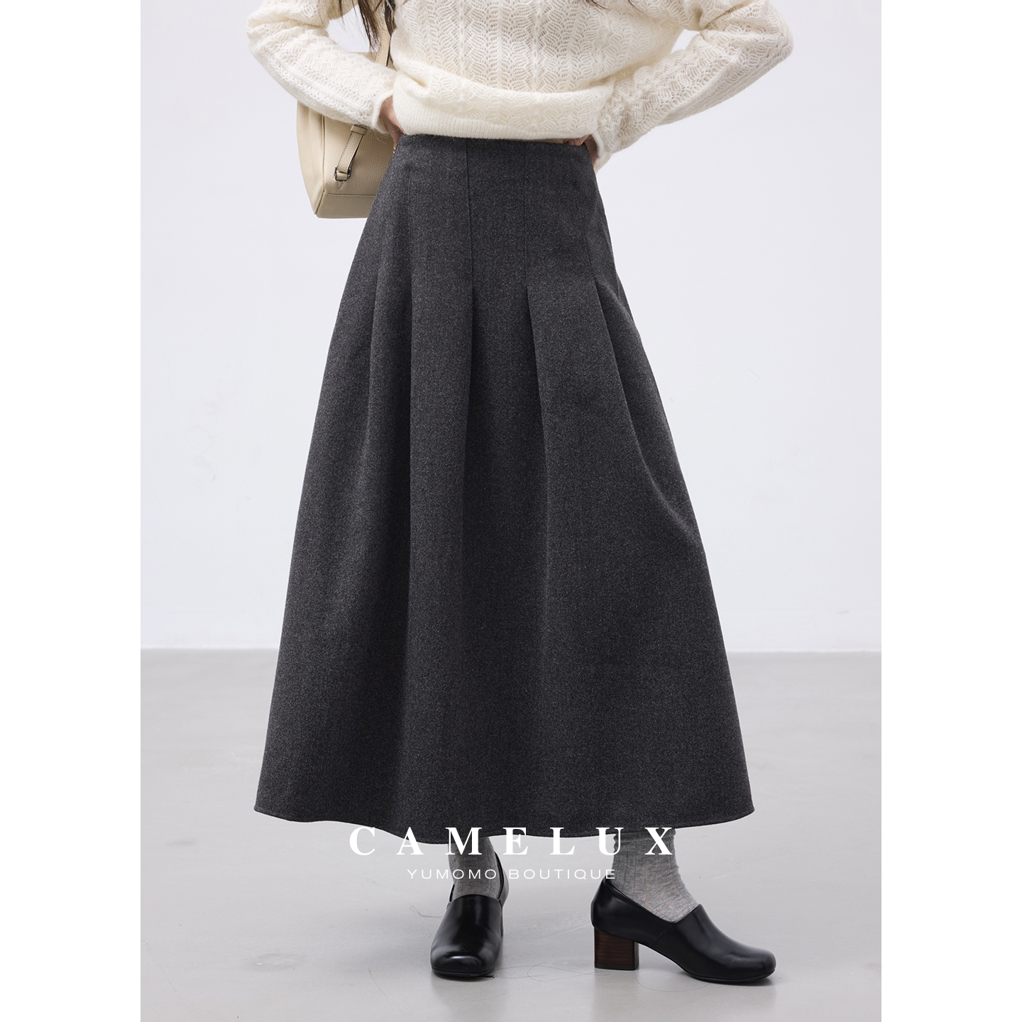 【Camelux线】莱娅小姐  法式长款高腰A字压褶伞裙呢半裙 QQA4015