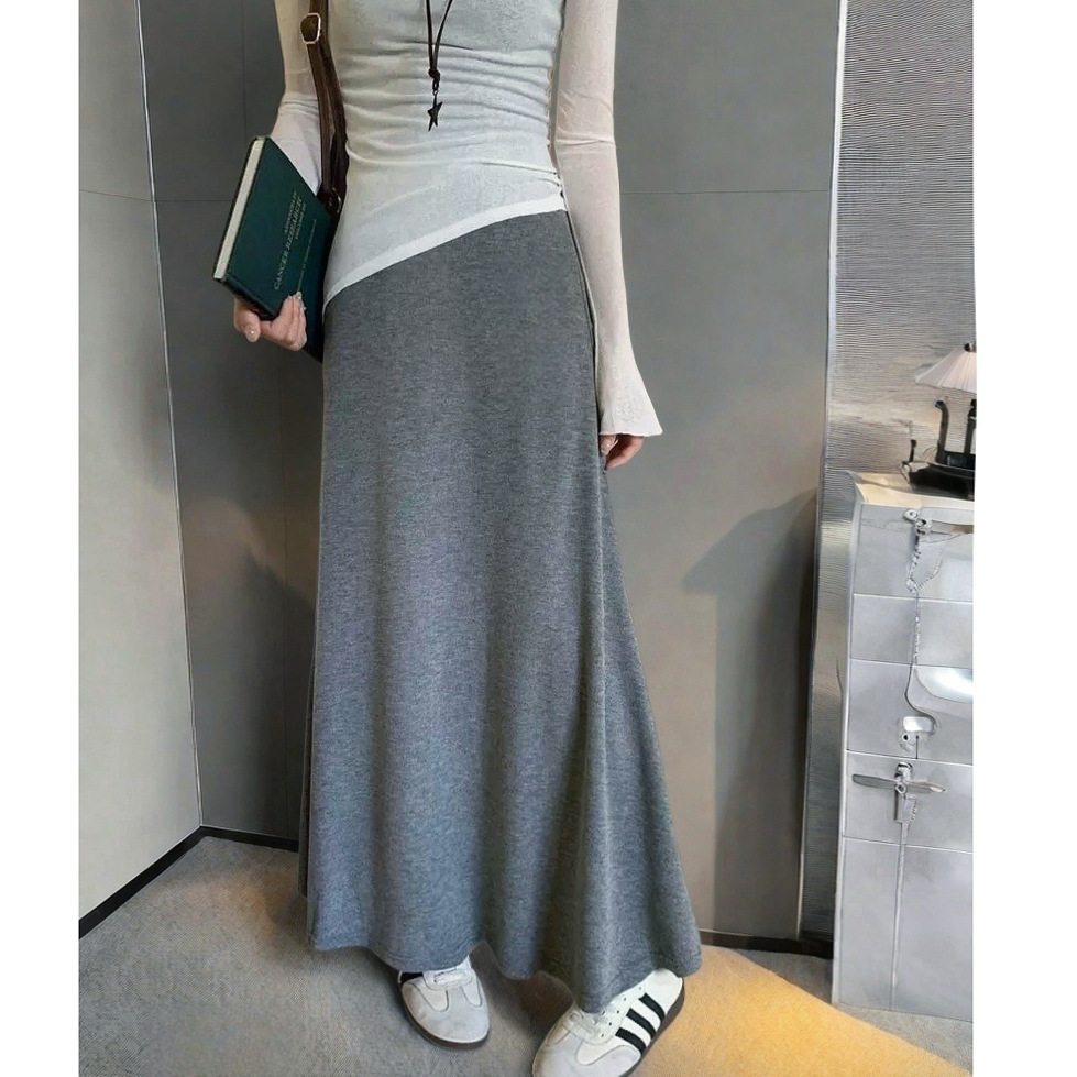 灰色A字半身裙中长款女2025秋季垂感宽松百搭软糯休闲简约长裙