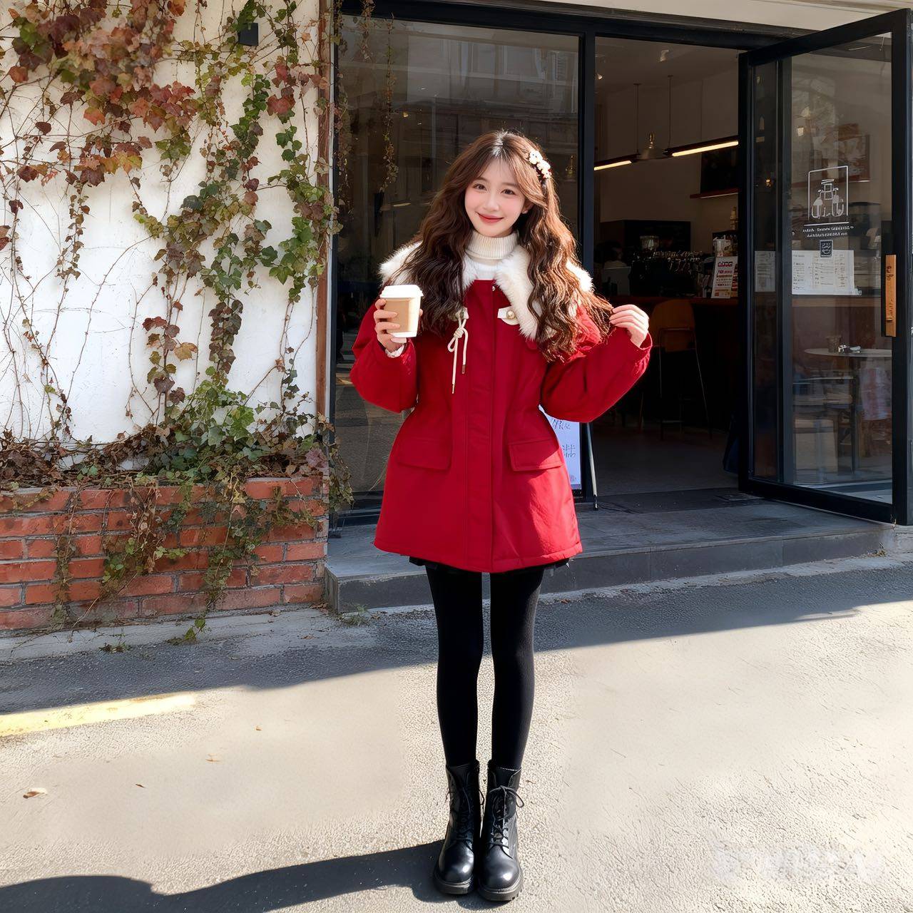 派克风红色棉服1073