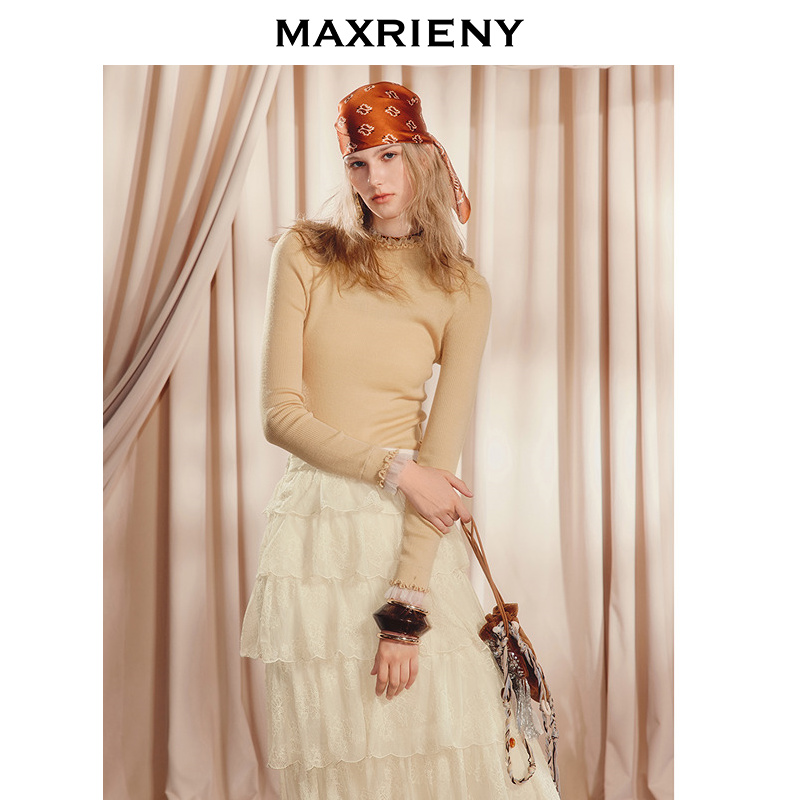 MAXRIENY极简穿搭修身长袖上衣女针织衫25秋款羊毛混纺套头毛衫