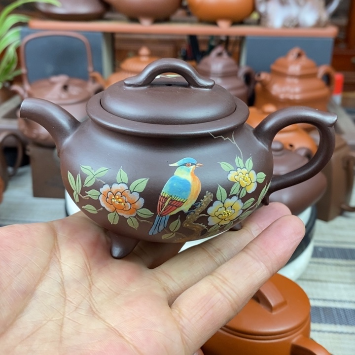 紫砂茶壶三足宫灯180cc原矿老紫泥