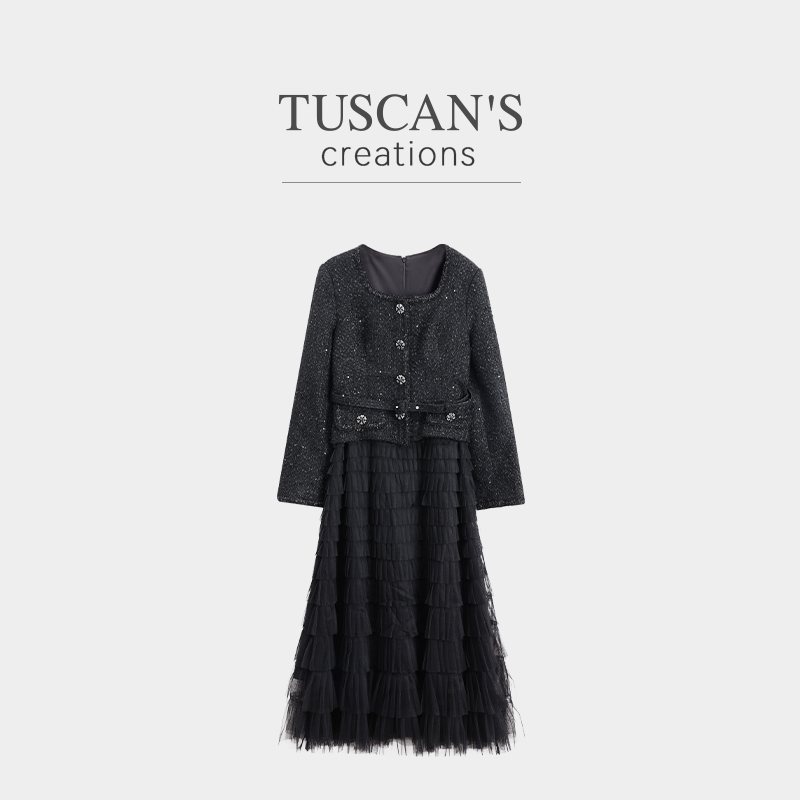 TUSCAN'S CREATIONS秋新款小香风气质拼接假两件连衣裙时代双鱼