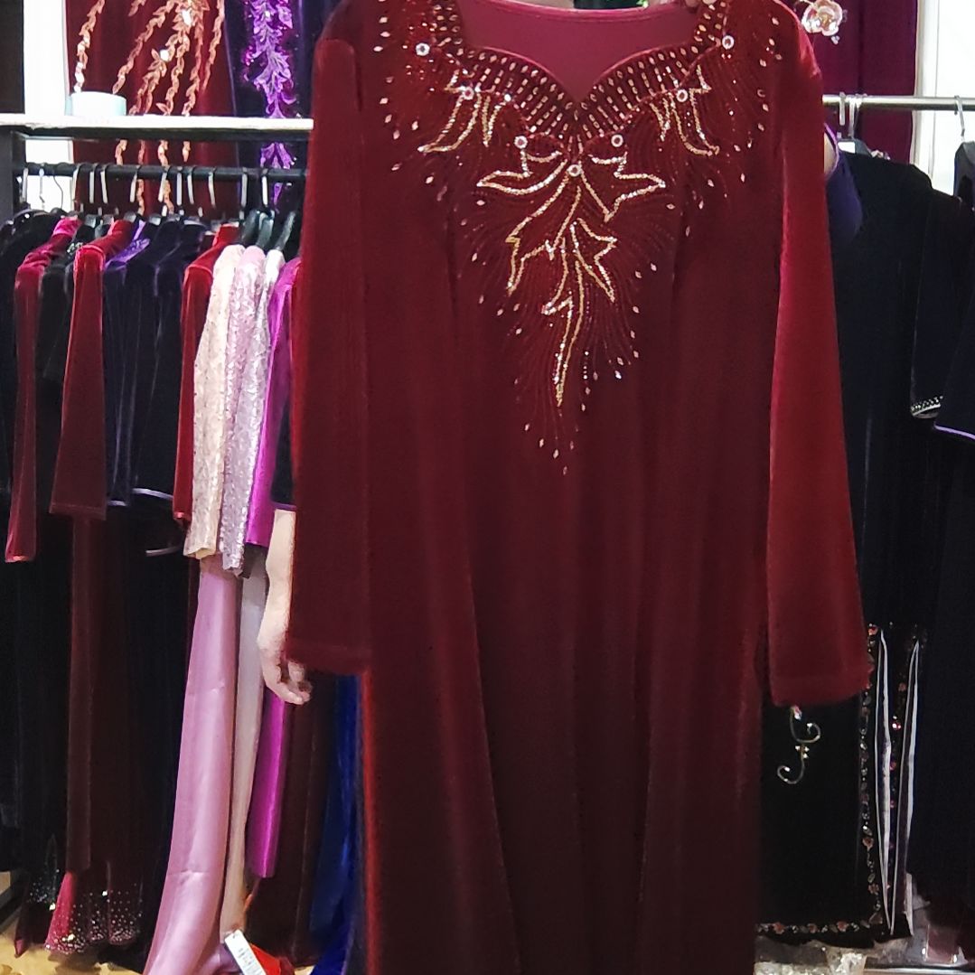 酒红色金丝绒重工中长连衣裙5XL140-150内