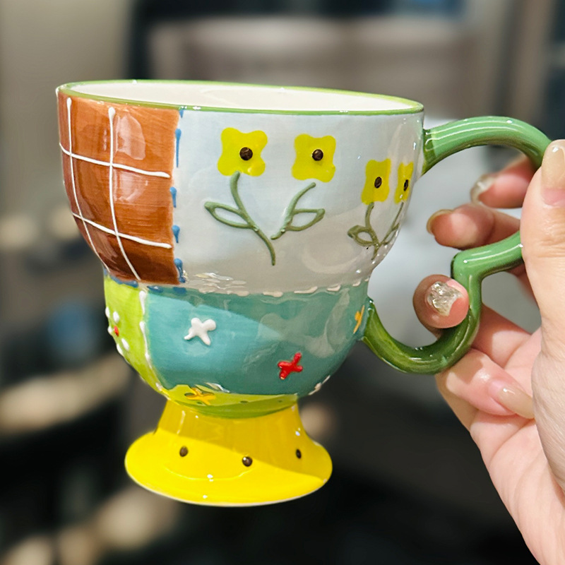 创意浮雕手绘格子高脚杯小众设计感陶瓷马克杯办公室咖啡杯伴手礼