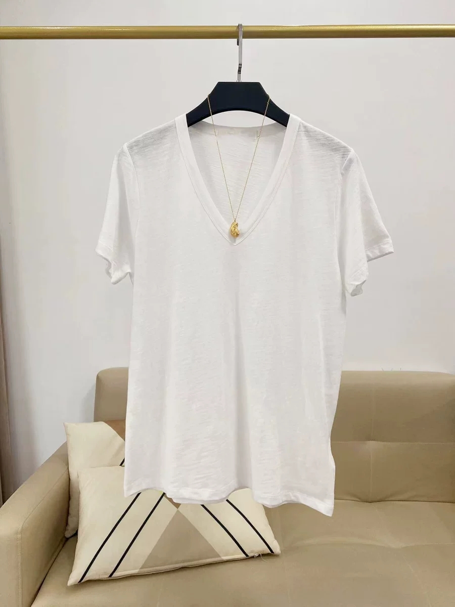 女士宽松百搭V领竹节棉短袖T恤夏季透气轻薄打底衫