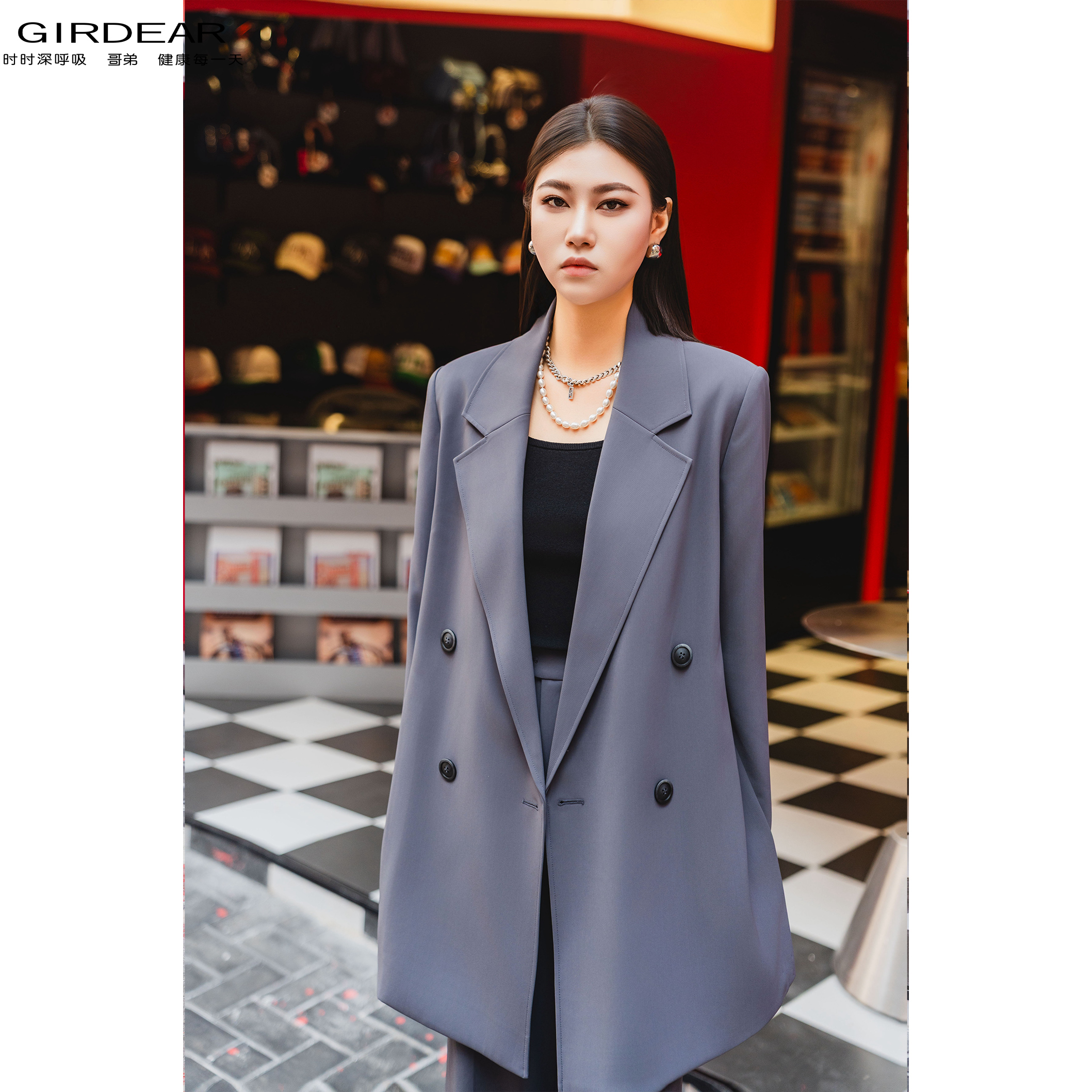 GIRDEAR/哥弟早秋新款质感百搭廓形中长款男友风西装外套女140005