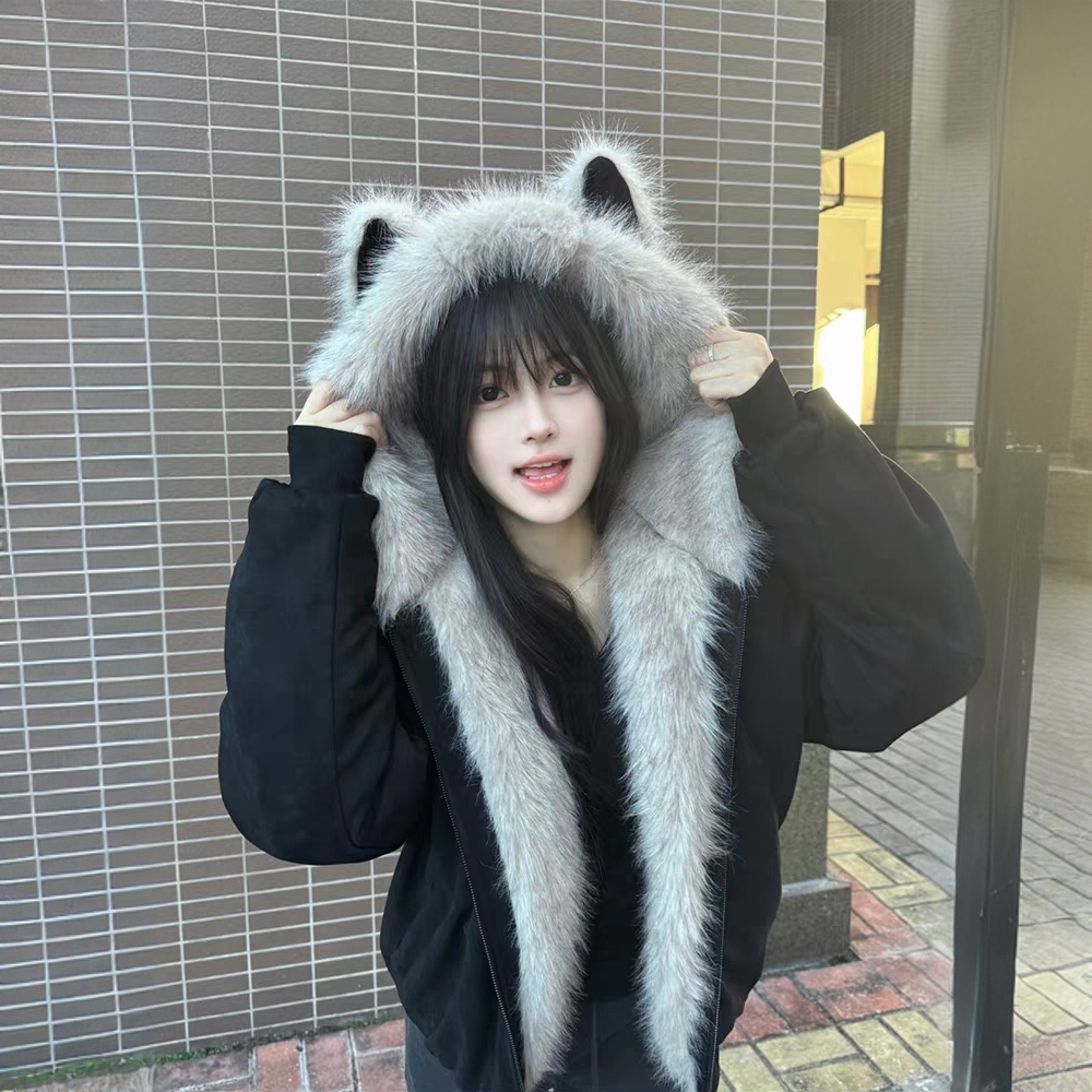 猫耳朵美式复古座山雕外套男女款冬季加厚毛领连帽棉服情侣装棉衣