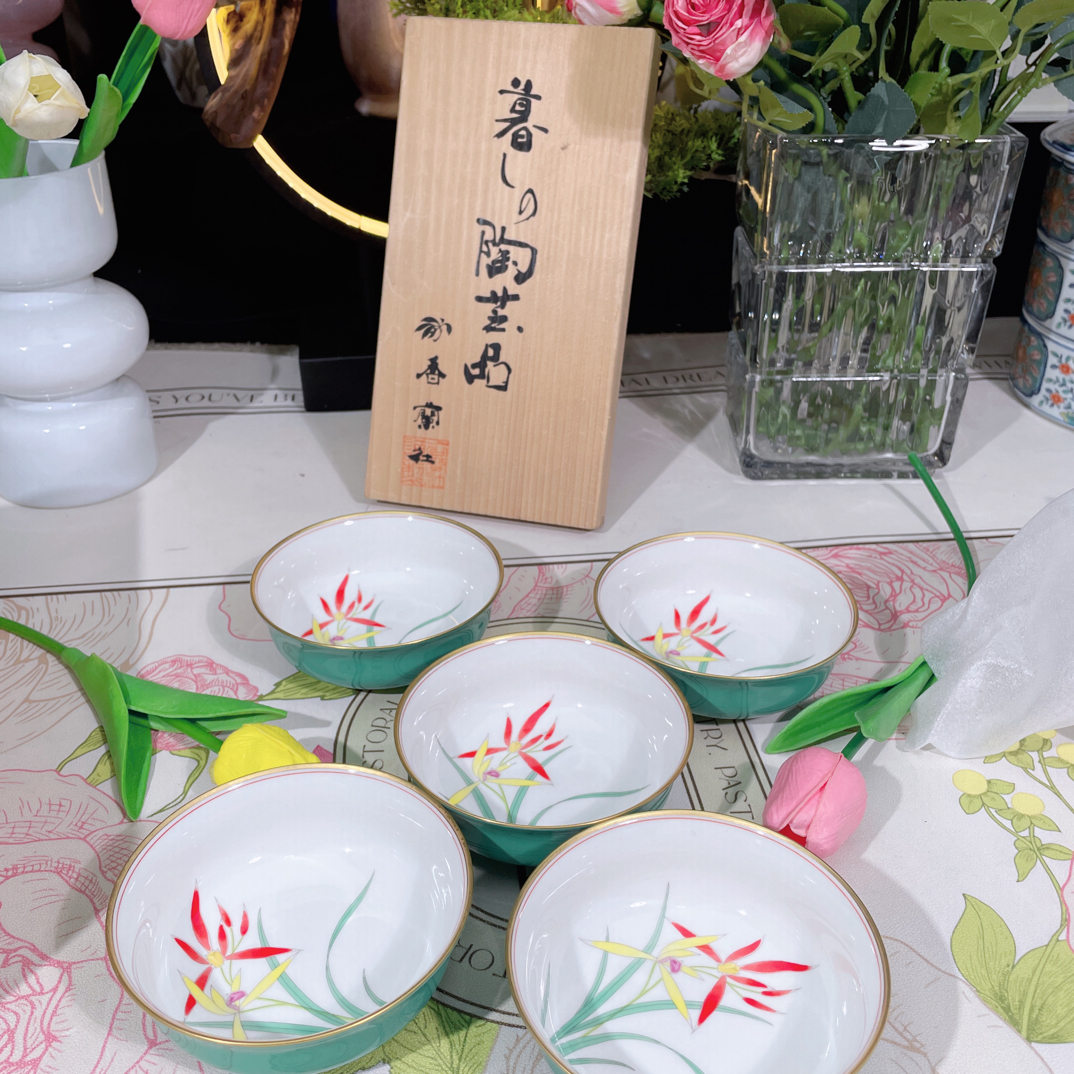 香兰社中古小钵红色细兰花五只一套