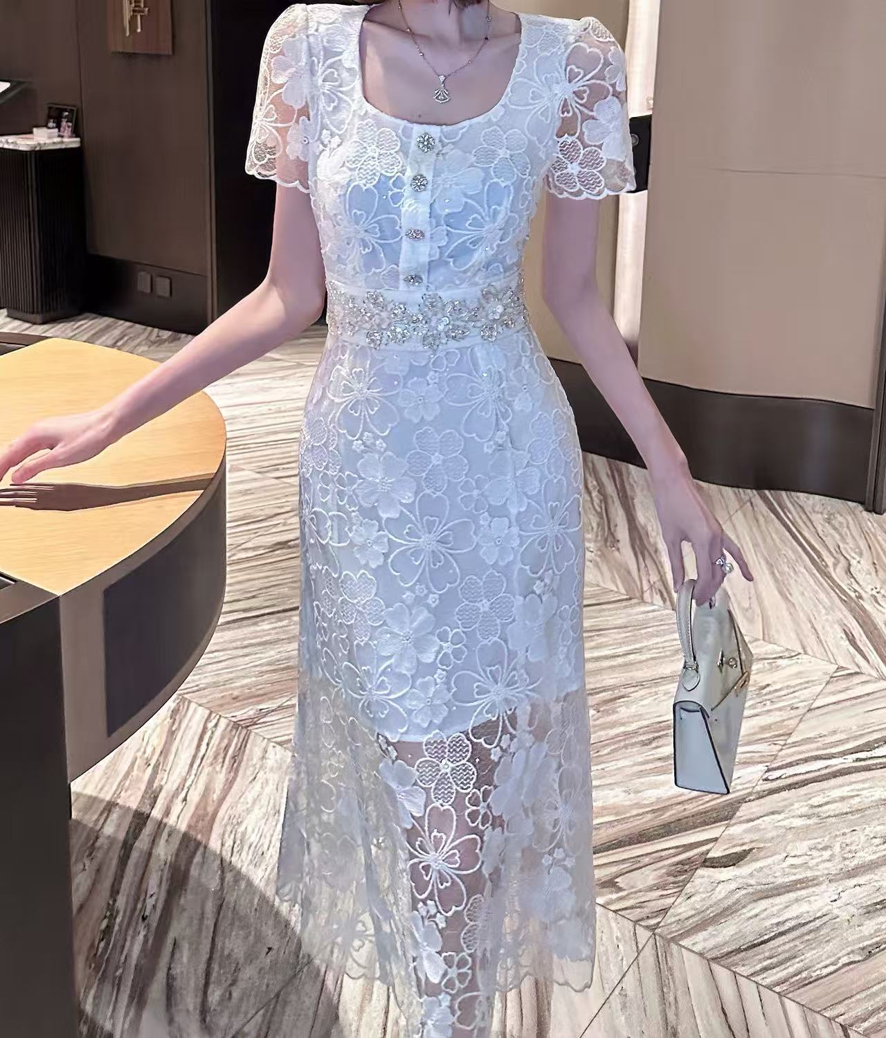 TUZI定制【赫斯密语】名媛气质短袖收腰显瘦亮片蕾丝刺绣连衣裙TZ46