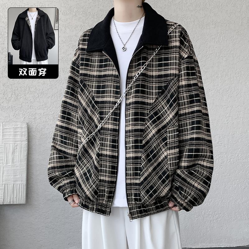 YNZ.XX2025格纹工装外套男秋季美式翻领夹克复古潮牌宽松痞帅上衣