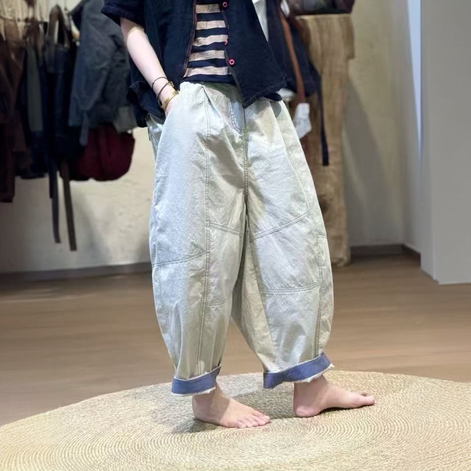 忆古朴拙色织棉撞色腰脚口小翻边休闲裤250518