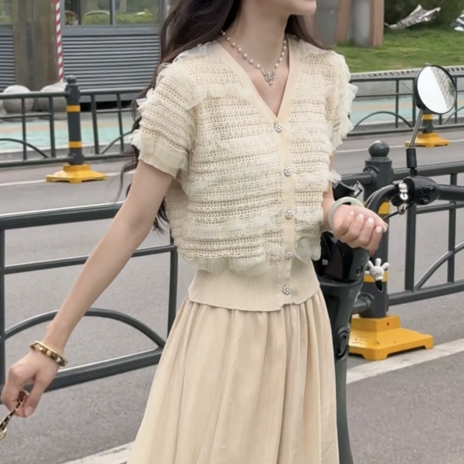 蔡小姐【视频同款不透】夏衬衫针织小香风蕾丝显瘦气质2025年新款