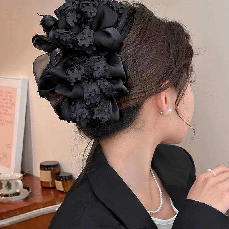 PomeloRice/赫本风黑色多层网纱蝴蝶结大号抓夹